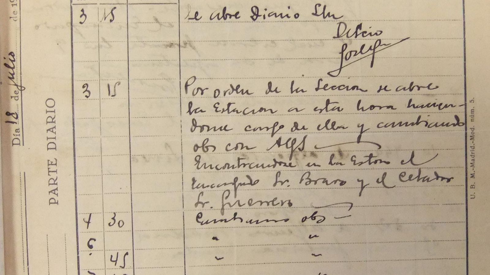 Parte del 18 de julio de 1936 de la estación de Los Barrios