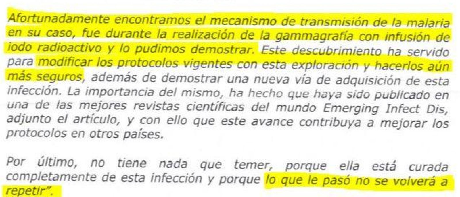 La respuesta del SAS a un familiar de la paciente contagiada de malaria.