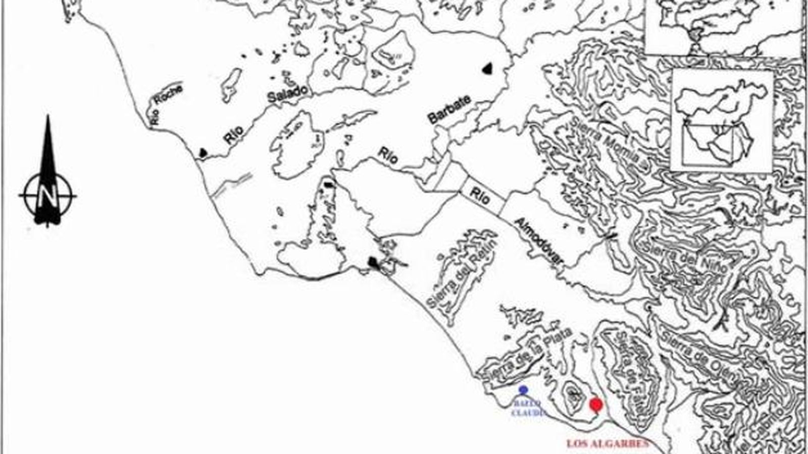 Plano del área de estudio y ubicación de yacimientos.