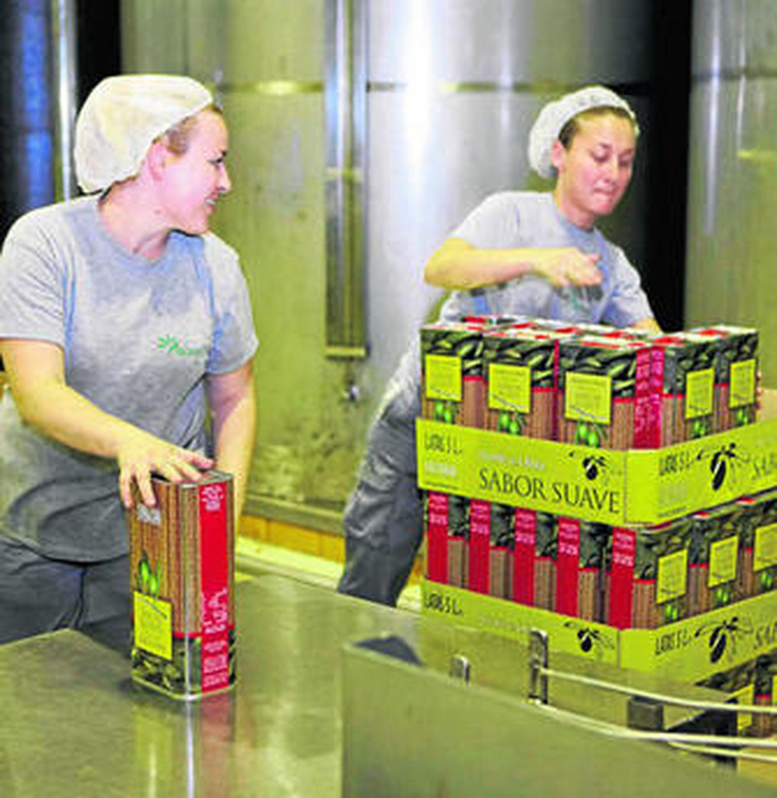 Dos jóvenes trabajando en una empresa dedicada a la explotación de aceite de oliva.