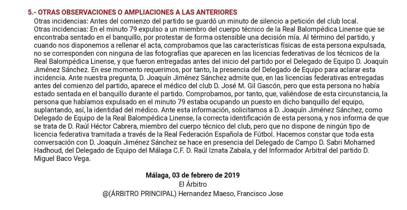 El último punto del acta del Atlético Malagueño-Balona