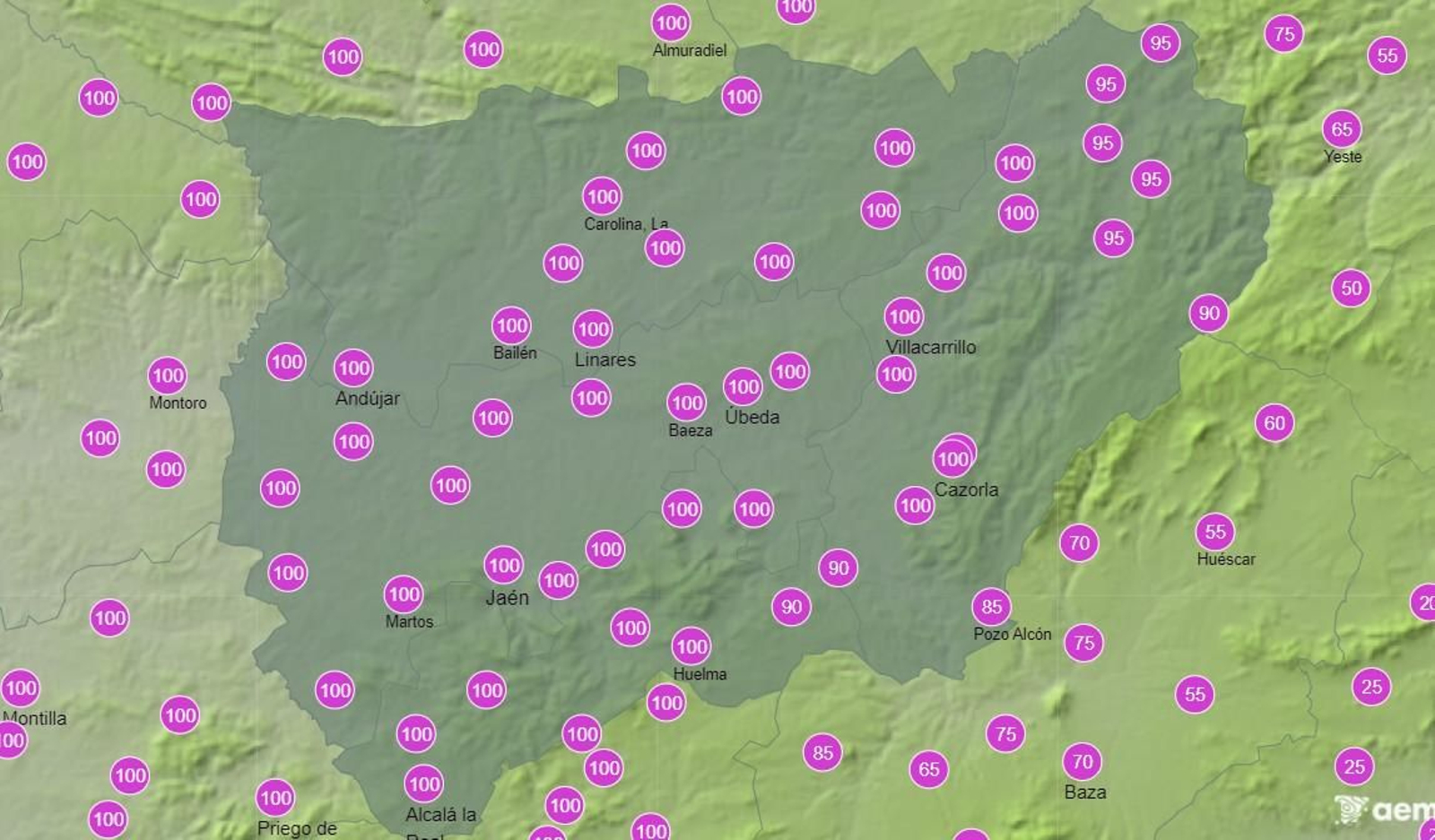 Probabilidad de precipitación en Jaén para viernes 14 de noviembre.