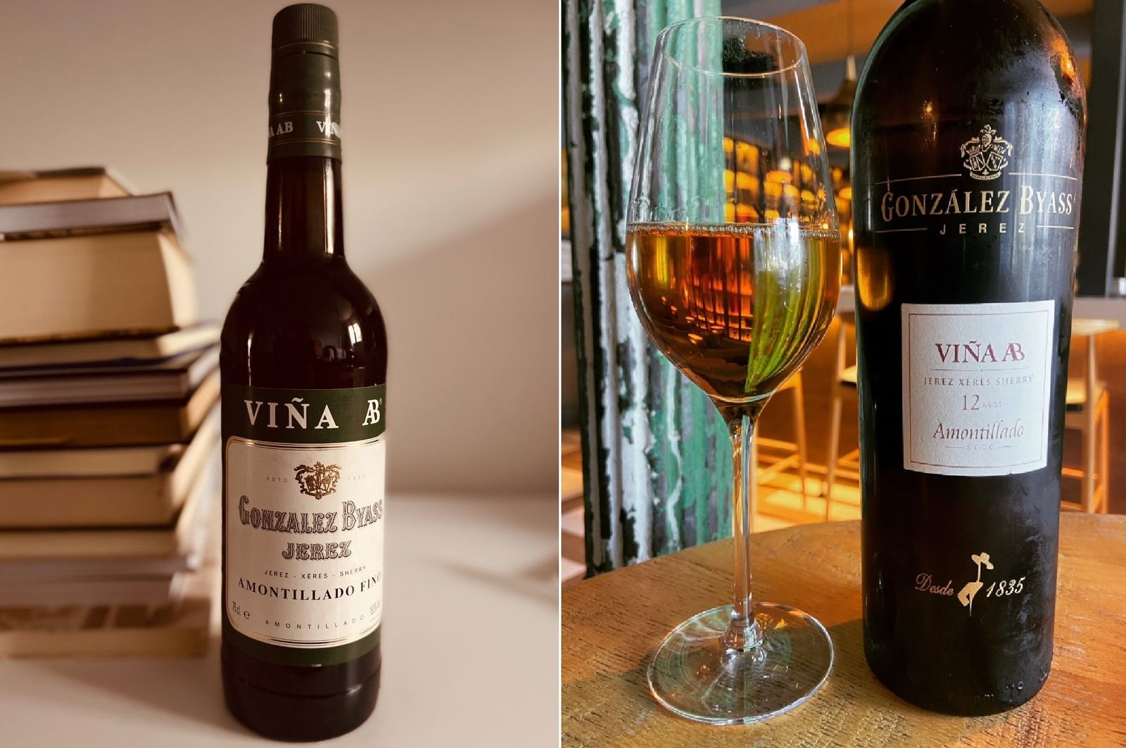 A la izquierda, botella de Viña AB de los años 80; a la derecha, la imagen actual del Amontillado de González Byass.