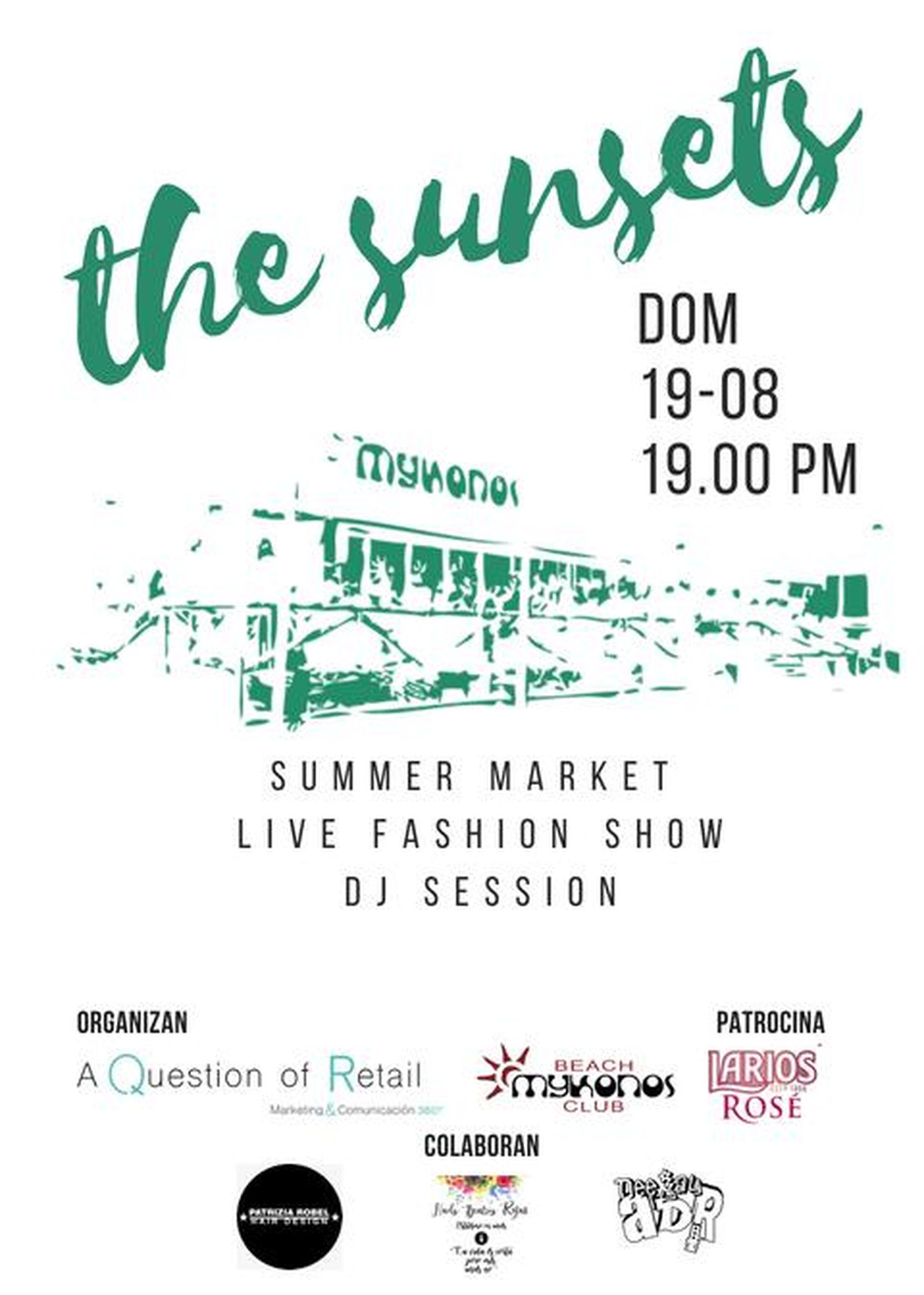 El cartel del evento 'The Sunsets' Mykonos.