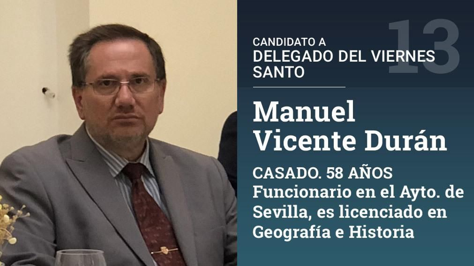 Fue hermano mayor de Santa Genoveva. Actualmente es delegado del Viernes Santo.