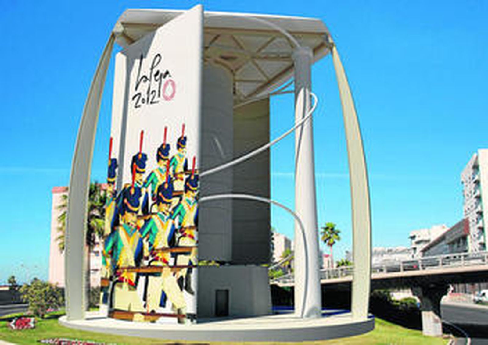 Simulación de un equipo serigrafiado con motivos del Bicentenario e instalado a la entrada de Cádiz.