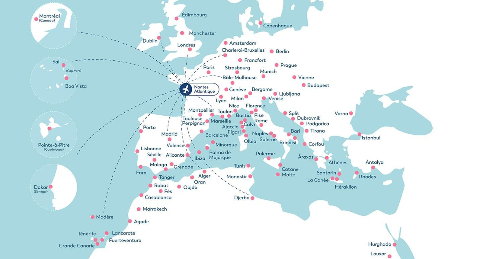 Imagen de los destinos a los que se puede viajar tras hacer escala en el aeropuerto de Nantes desde Granada
