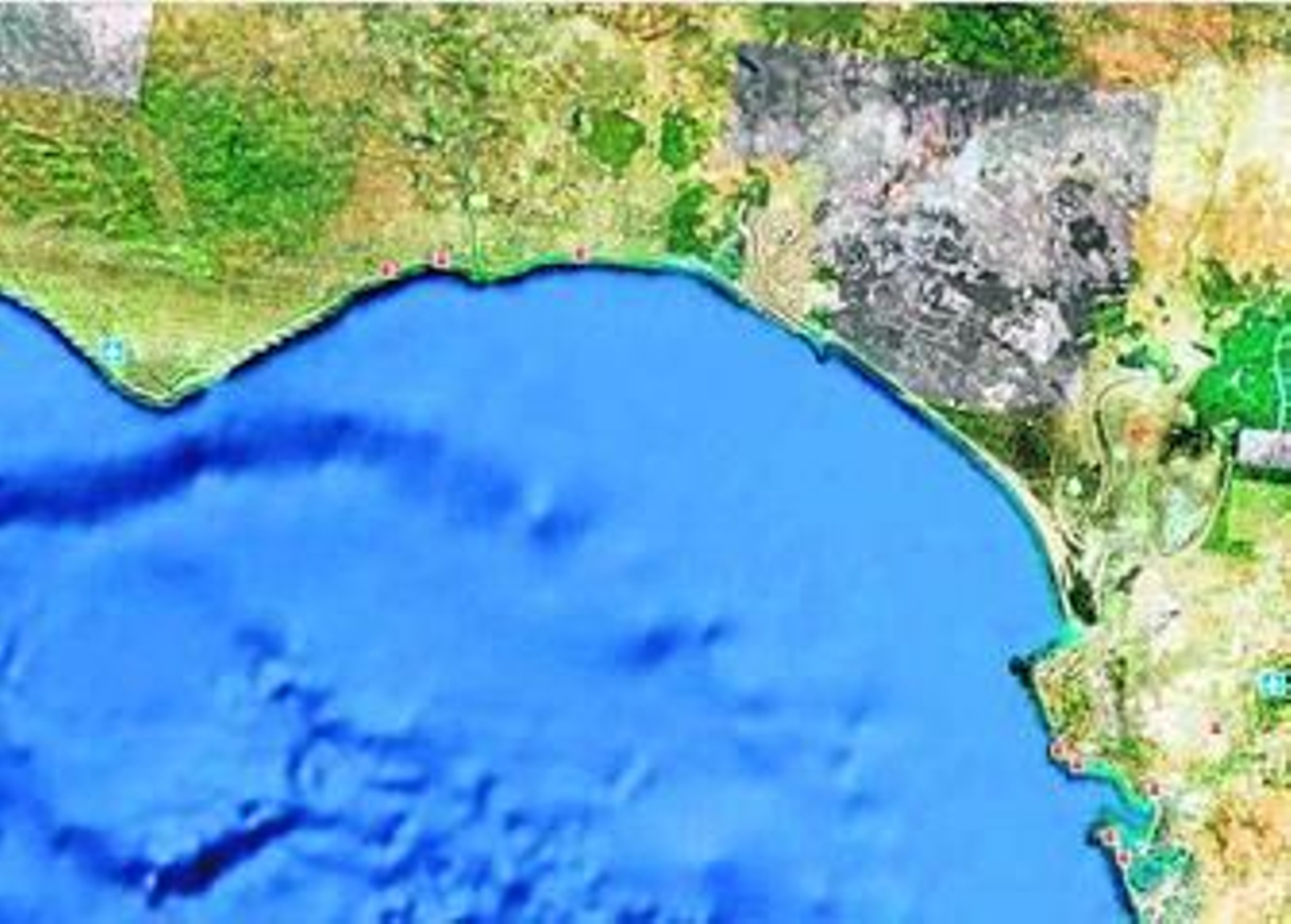 Imagen satélite del Golfo de Cádiz, en el que se ubican las aguas del litoral onubense.