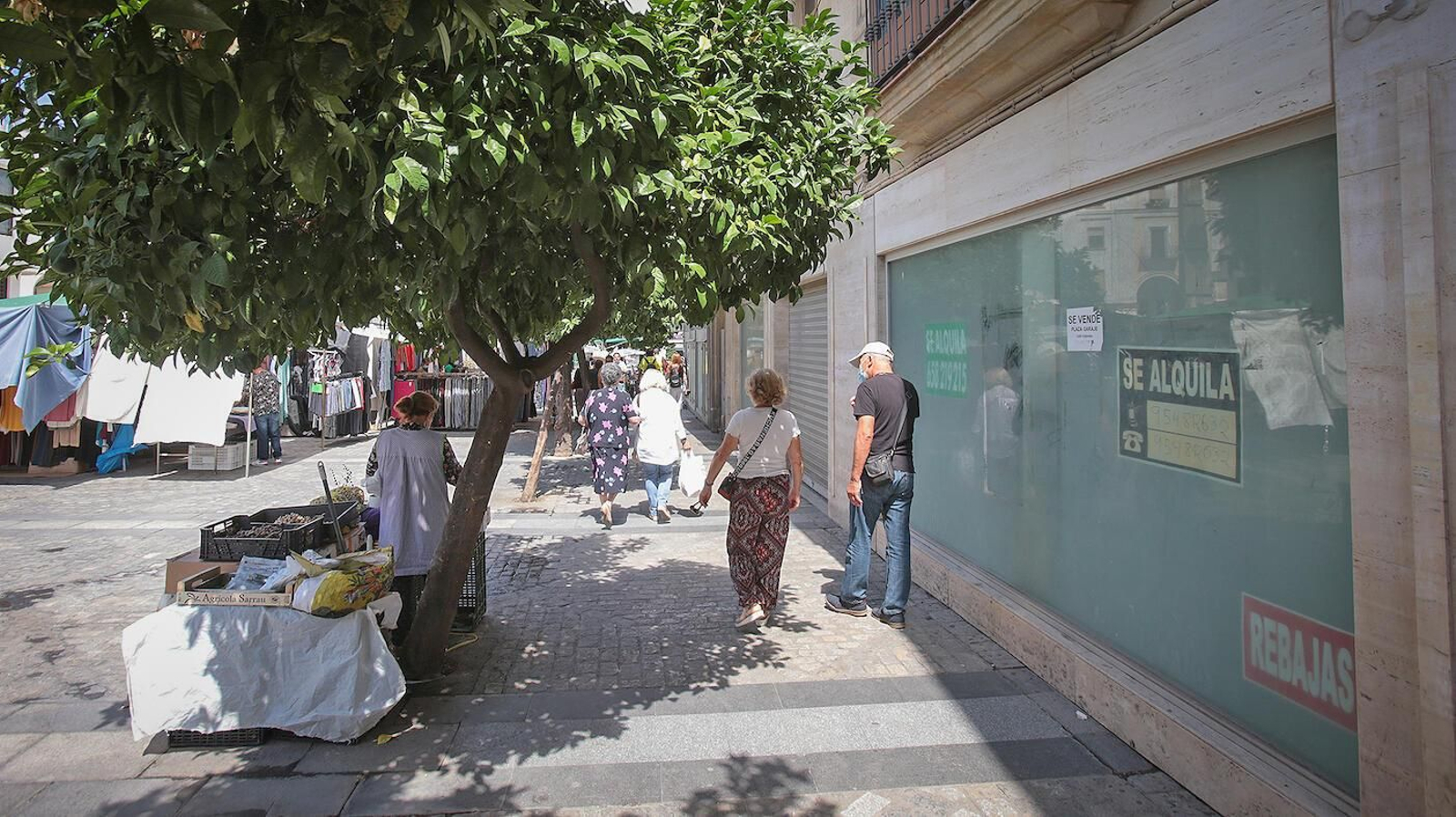 Puestos de venta ambulante en la calle Doña Blanca, donde los peatones tienen dificultades para transitar.
