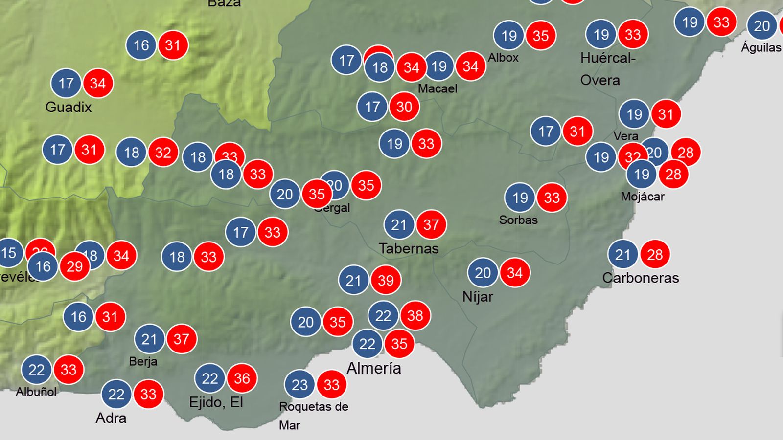 Mapa detalle de las temperaturas máximas que se alcanzarán el jueves 6 de junio en Almería.