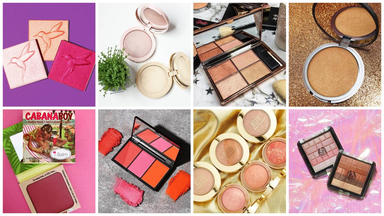 Iluminadores (arriba): Flight of Fancy Highlighter de Wet N Wild; Glowcomotion de W7; Solstice Highliting Palette de Sleek; Bonnie-Lou Manizer de The Balm. Coloretes (abajo): Cabana Boy de The Balm, Pumpkin Blush by 3 Palette de Sleek; Baked Blush de Milani; Shimmer Waves de The Body Shop.