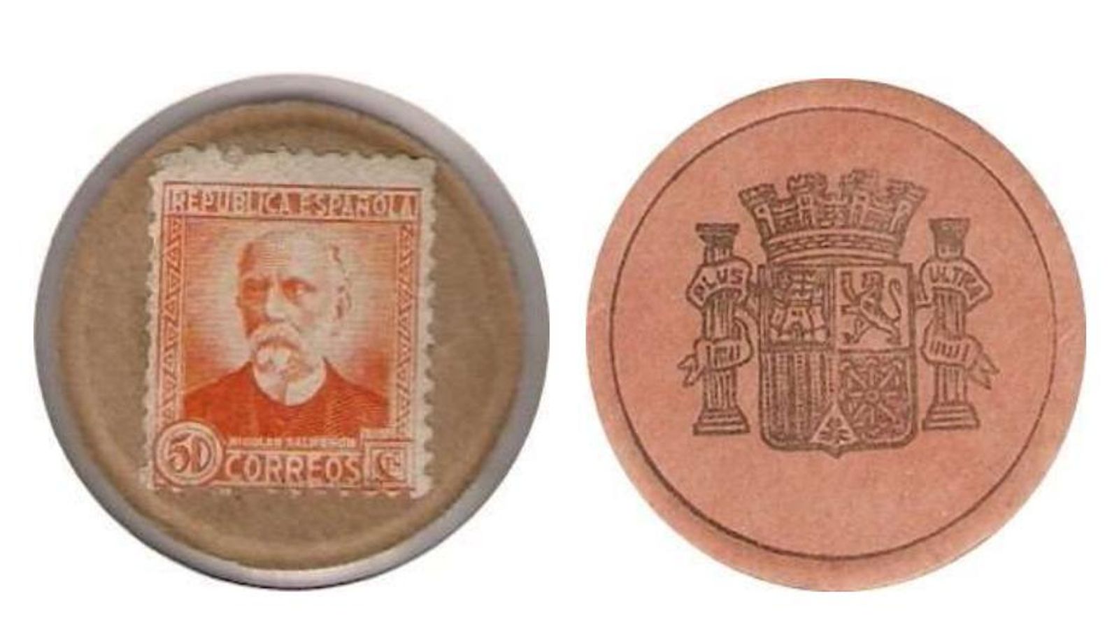 Moneda cartón realizada con un sello de 50 céntimos de Nicolás Salmerón. Colección Francisco J. Gutiérrez