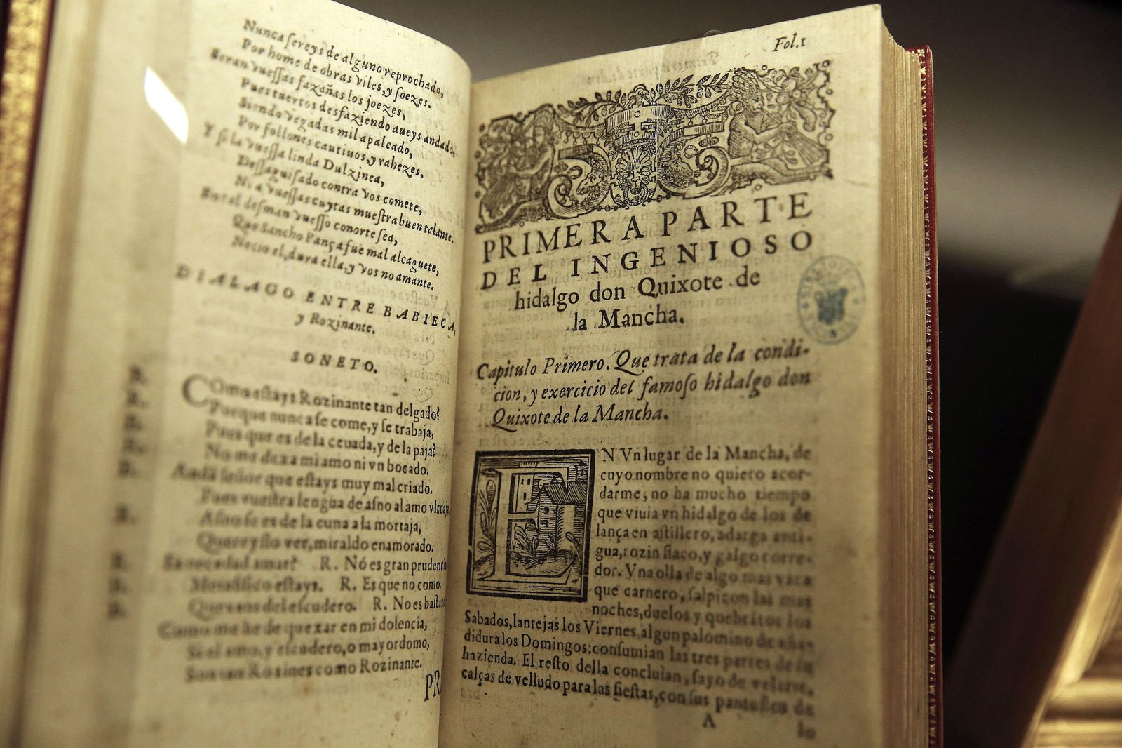 Edición original de la primera parte de El Quijote (1605), conservada en la Biblioteca Nacional.