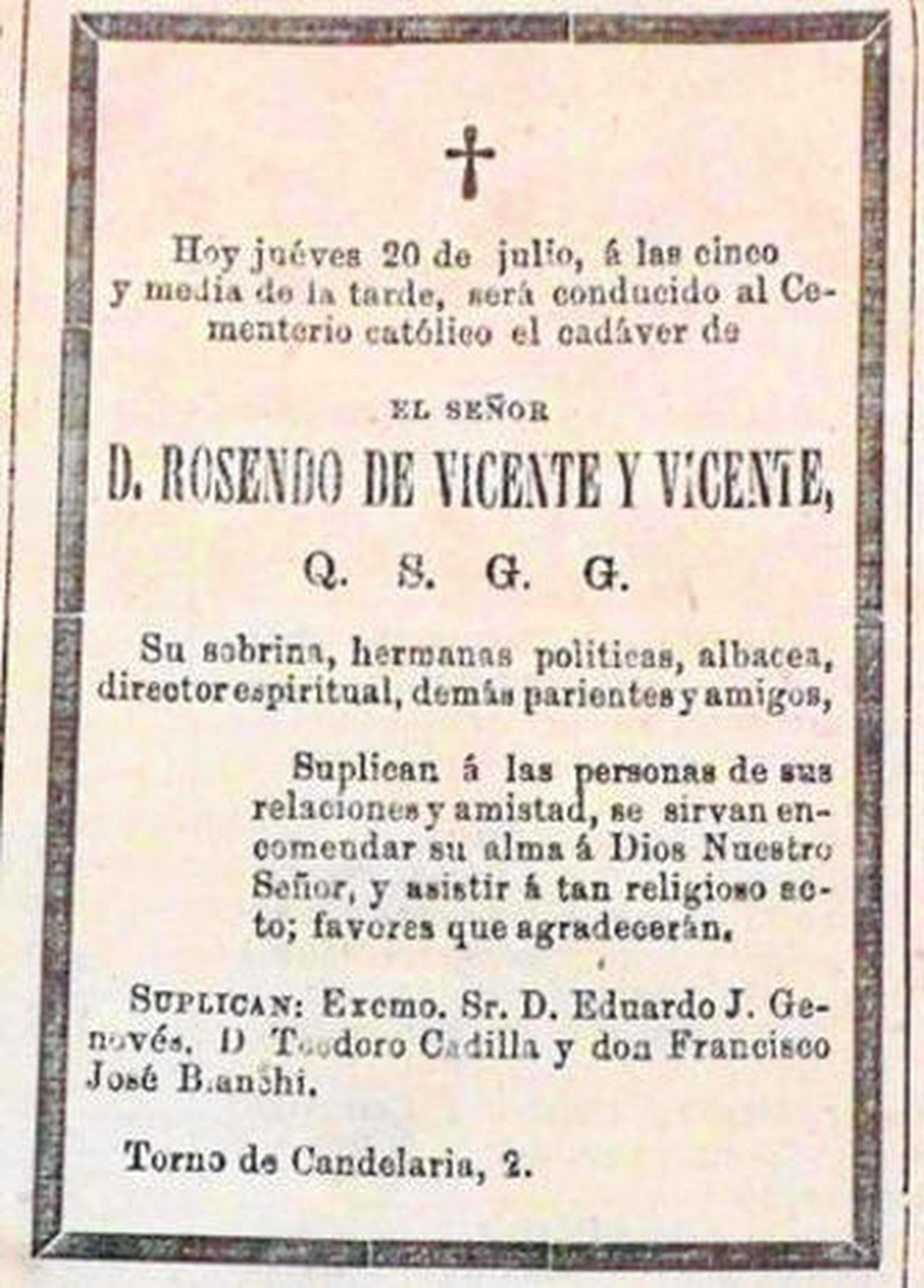 Esquela de Don Rosendo publicada por 'Diario de Cádiz' en 1876.