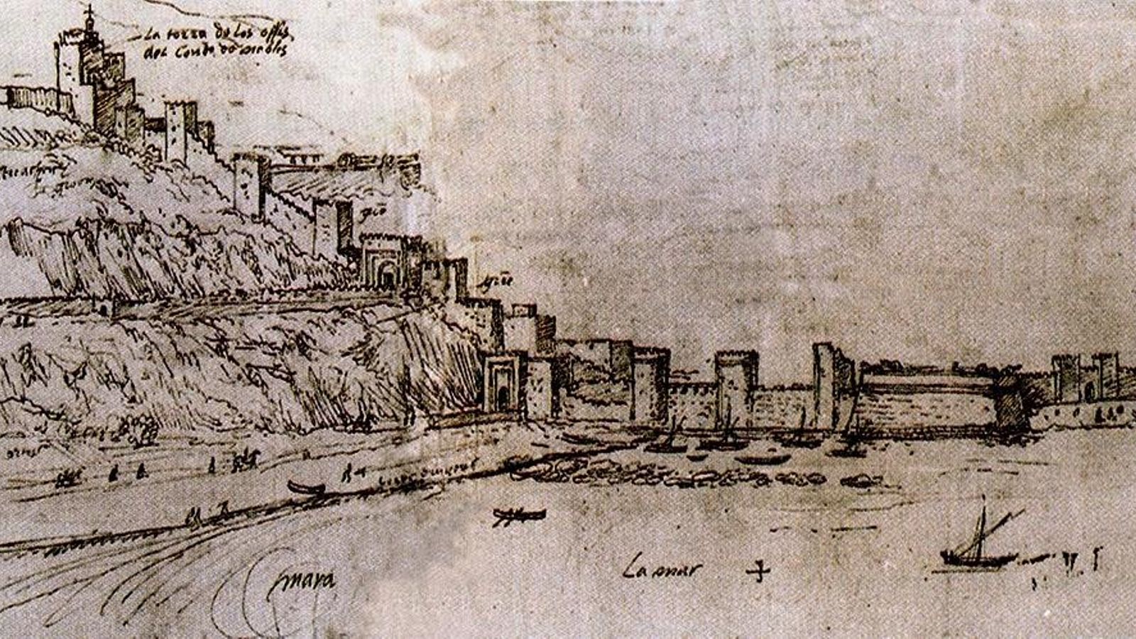 Gibraltar según un dibujo de Antón Van den Wyngaerde (1567). El flanco norte con la torre de la Calahorra o Morish Castle  y las puertas de Tierra y de Granada.