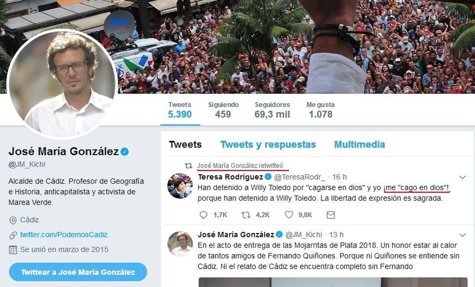 Captura del mensaje publicado por Teresa Rodríguez que retuiteó ayer el alcalde para luego eliminarlo.