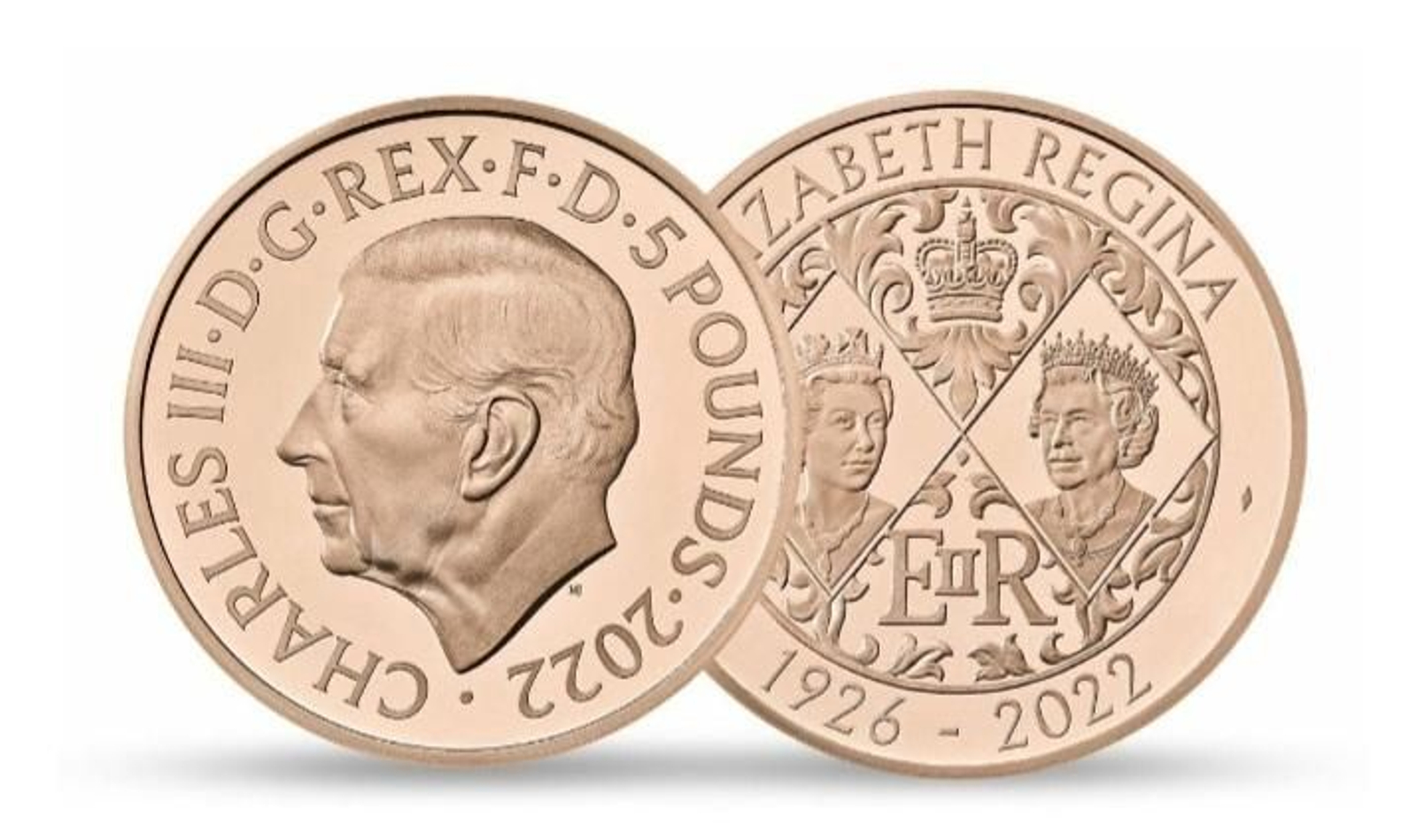 Moneda de 5 libras de Carlos III con el reverso de homenaje a su madre