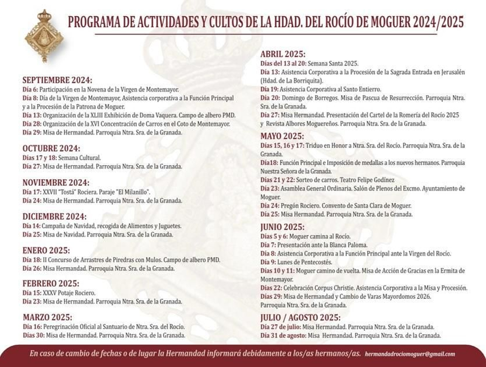 Calendario de actividades de la filial rociera. Calendario de actividades de la filial rociera.