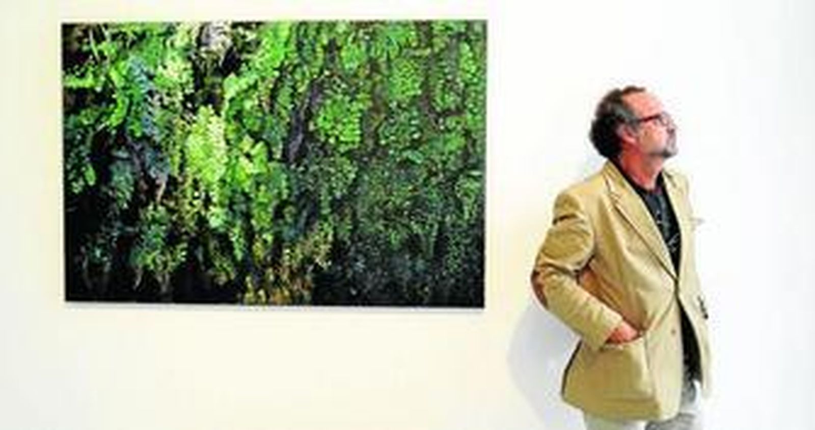 Javier Buzón ante una de las obras de la serie de las tobas inspirada en sus paseos por los campos de Higuera de la Sierra (Huelva).