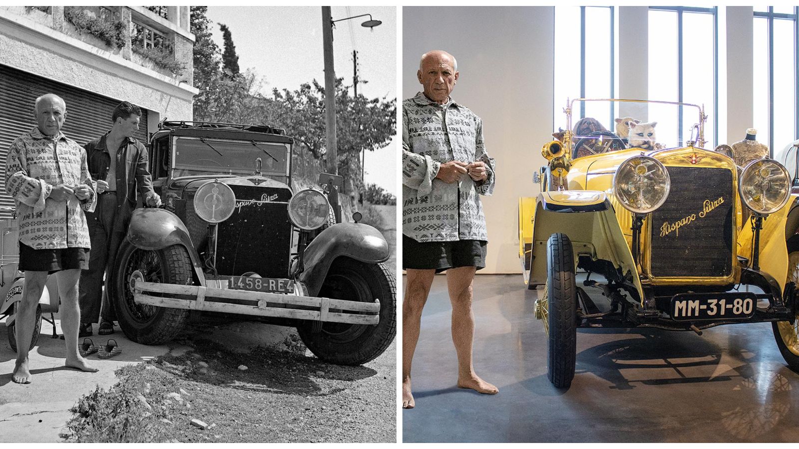 A la izquierda, la fotografía de Picasso con su Hispano Suiza; a la derecha, el vehículo en el Museo Automovilístico de Málaga. A la izquierda, la fotografía de Picasso con su Hispano Suiza; a la derecha, el vehículo en el Museo Automovilístico de Málaga.