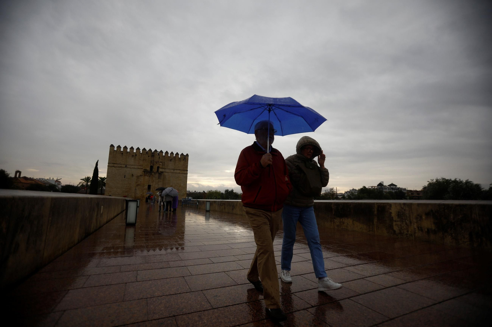 Dos personas se protegen de la lluvia con un paraguas a su paso por el Puente Romano.