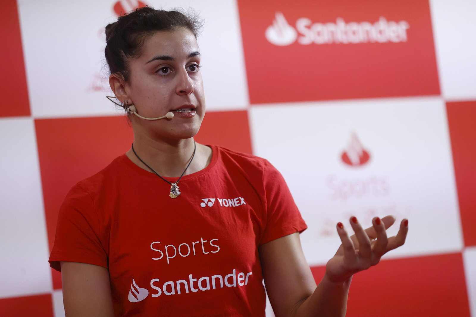 Carolina Marín, durante la rueda de prensa previa a su debut en el Europeo de Madrid.
