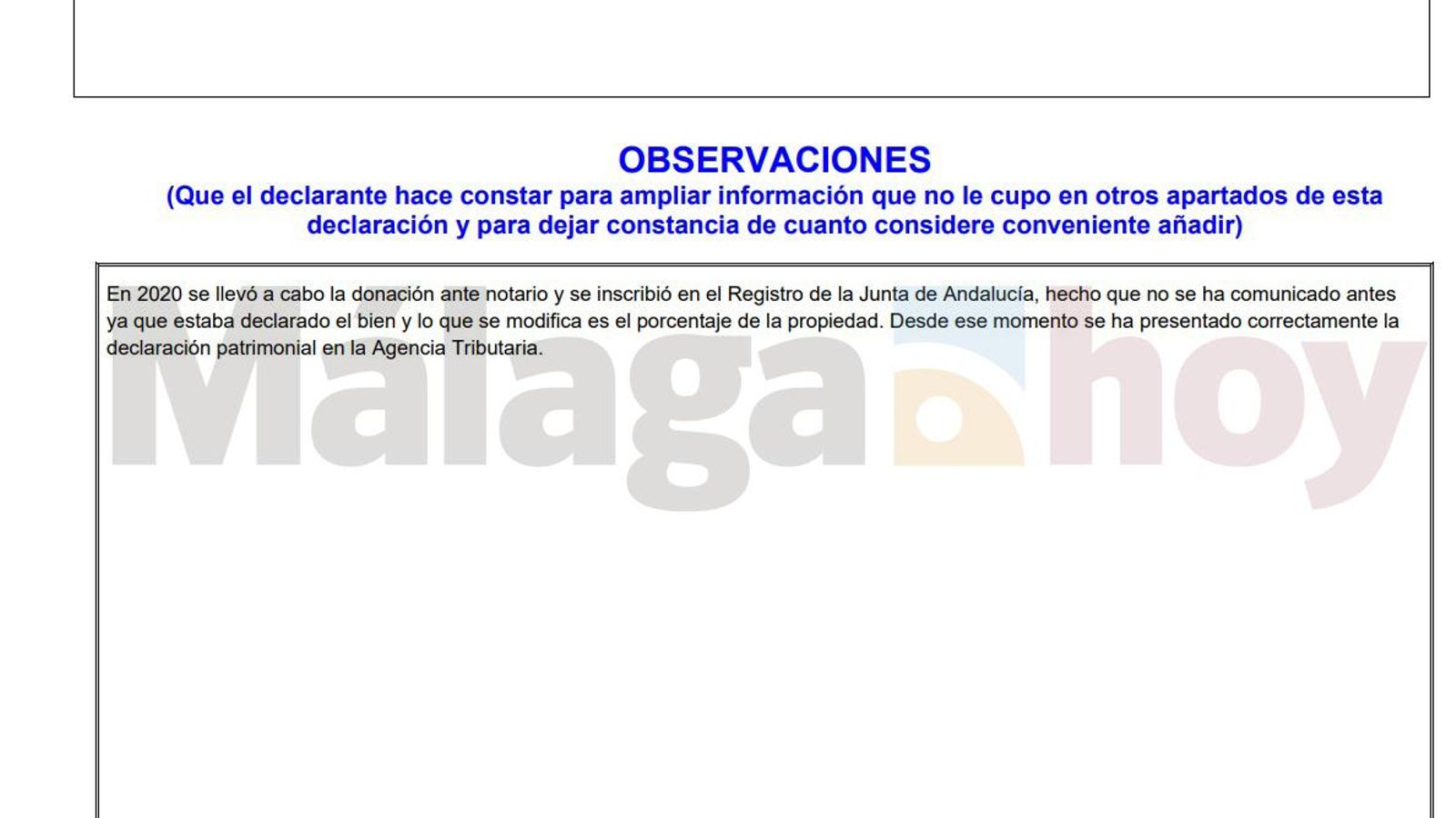 Fragmento extraído del documento de la declaración de bienes de Ángeles Muñoz.