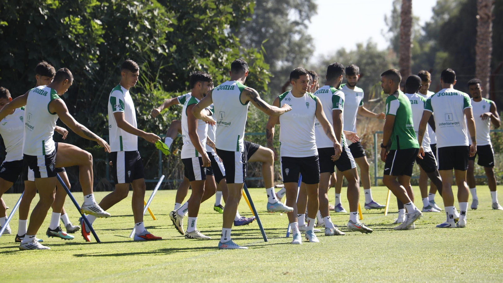 Los jugadores del Córdoba CF calientan antes de un entrenamiento en la Ciudad Deportiva.
