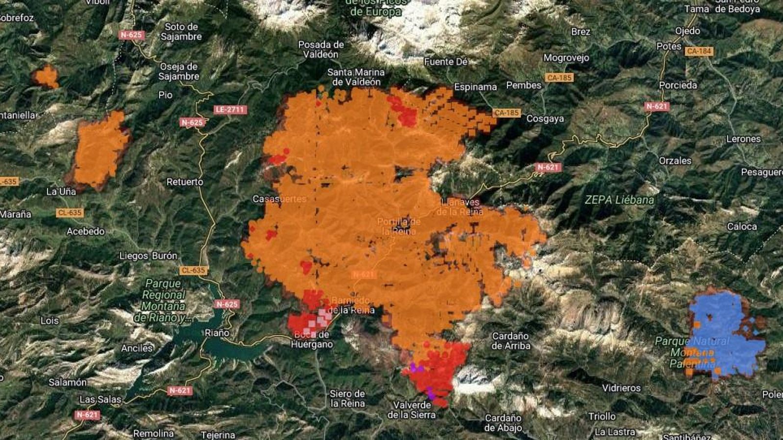 Zona afectada por los fuegos en Picos de Europa, tramo del Camino Vadiniense Zona afectada por los fuegos en Picos de Europa, tramo del Camino Vadiniense