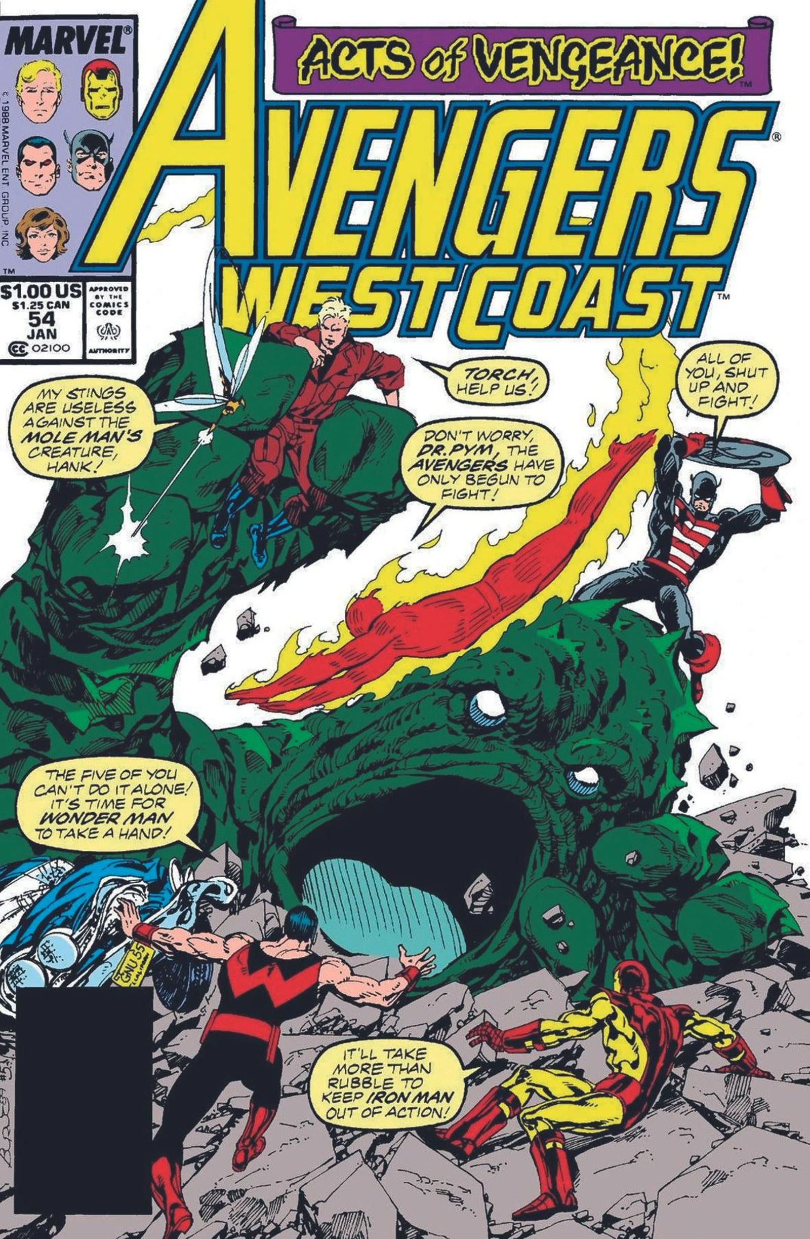 Byrne homenajea la portada de Fantastic Four n.º 1, con los Vengadores enfrentados al monstruo enviado por el Hombre Topo.