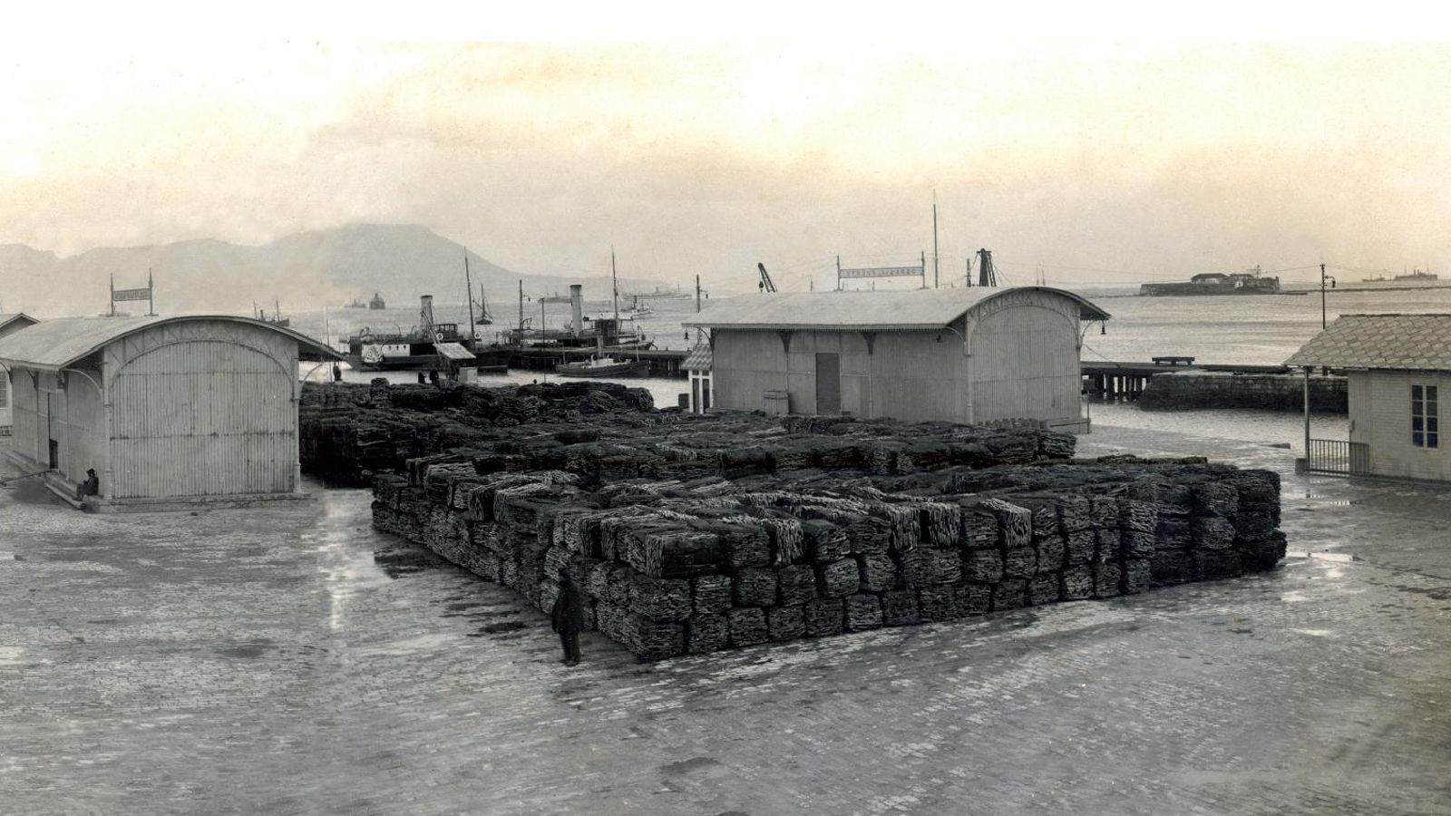 Almacenamiento de corcho en el muelle de la Galera, en el puerto de Algeciras, esperando para ser embarcado y exportado. Año 1920.