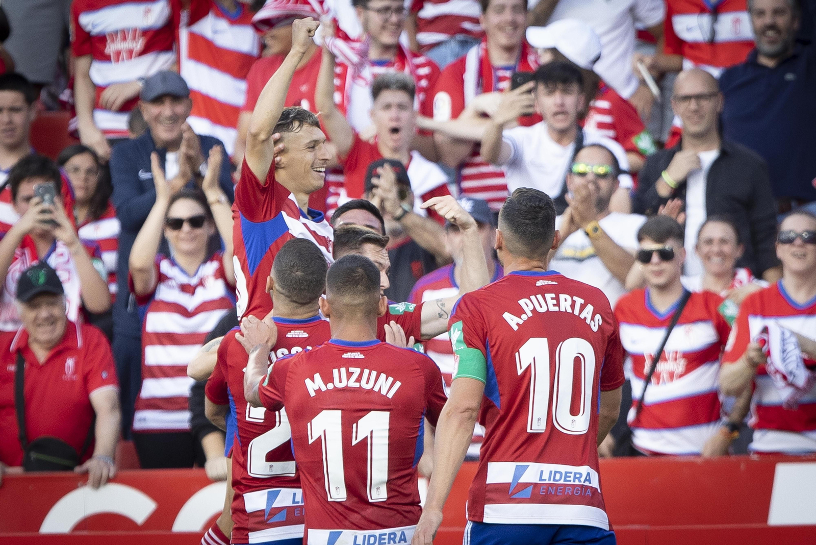 Bryan celebra su gol en el pasado partido ante el Lugo