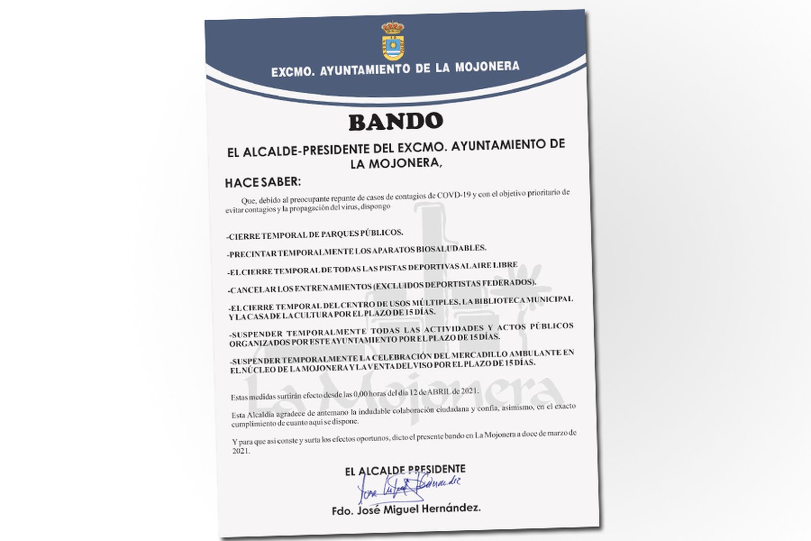 Bando publicado por el Ayuntamiento de La Mojonera.