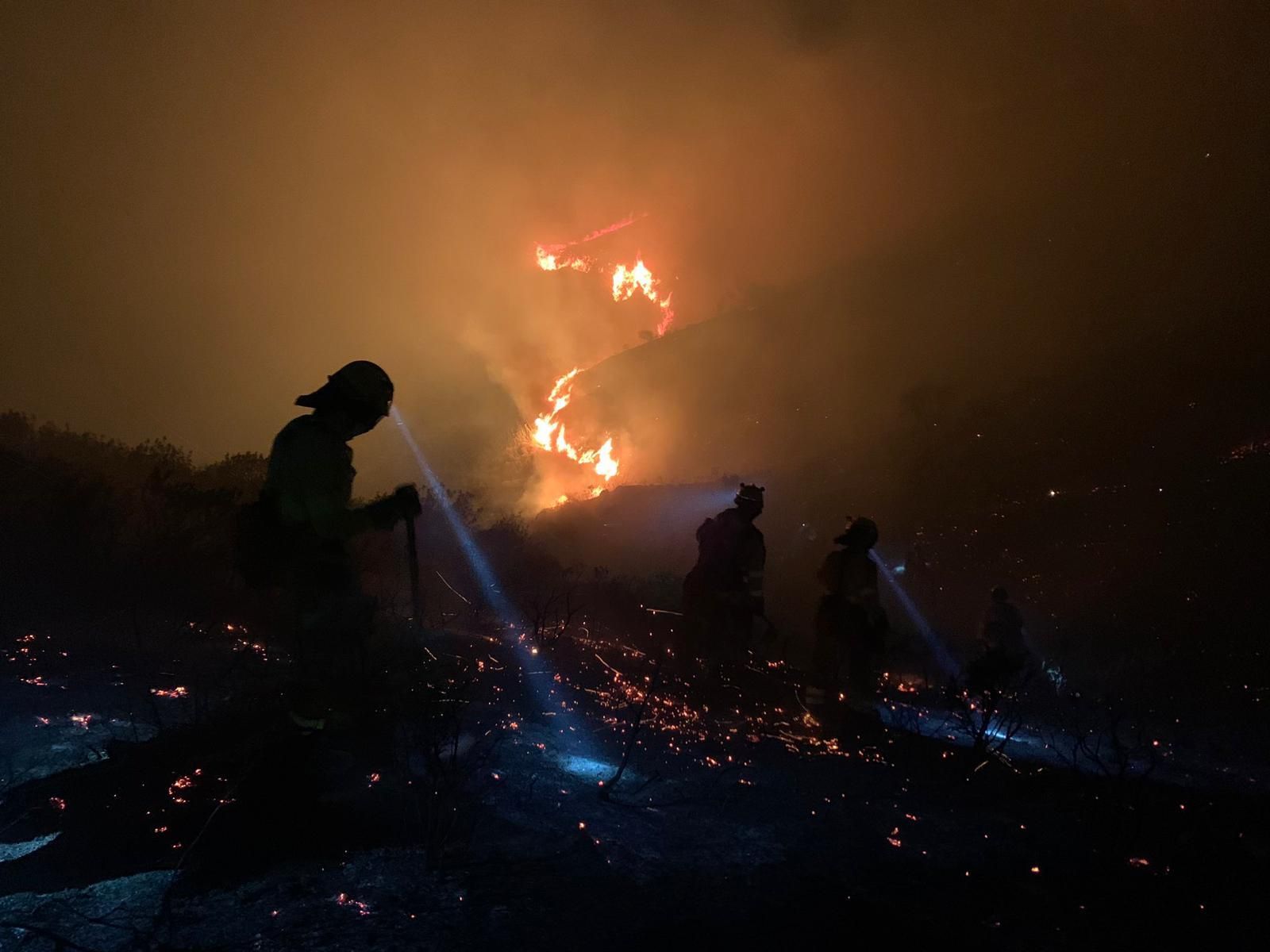 Bomberos trabajan para la extinción del incendio forestal de Colmenar.