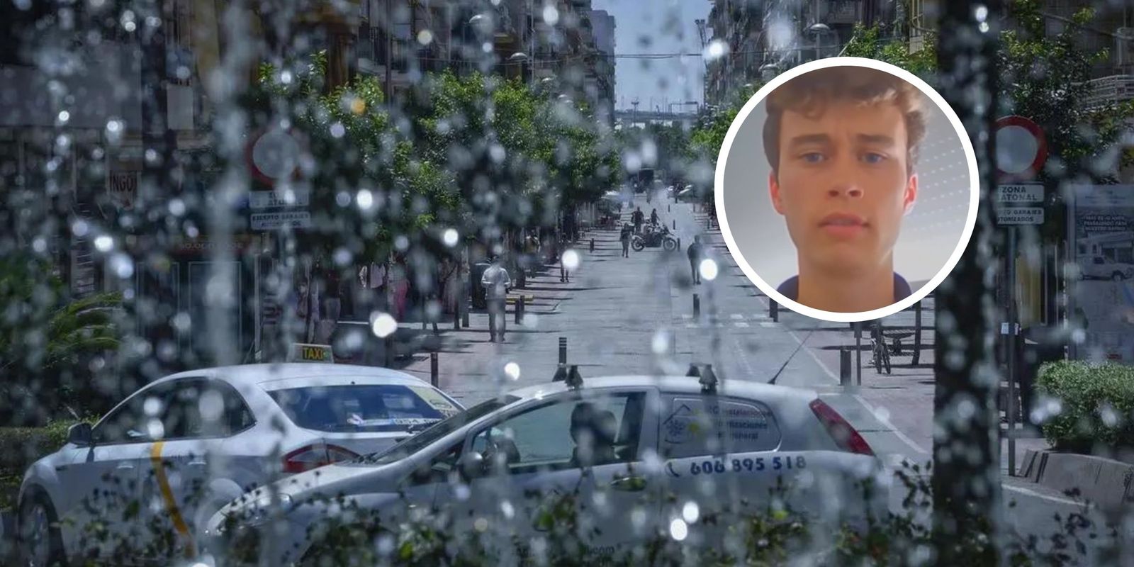 Imagen de archivo de un día de lluvia veraniego en Sevilla y, en el círculo, imagen de Jorge Rey