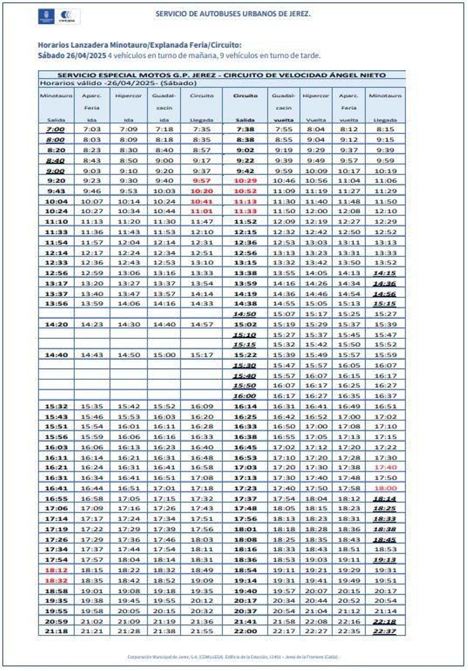 Horarios Lanzadera / Circuito. Horarios Lanzadera / Circuito.