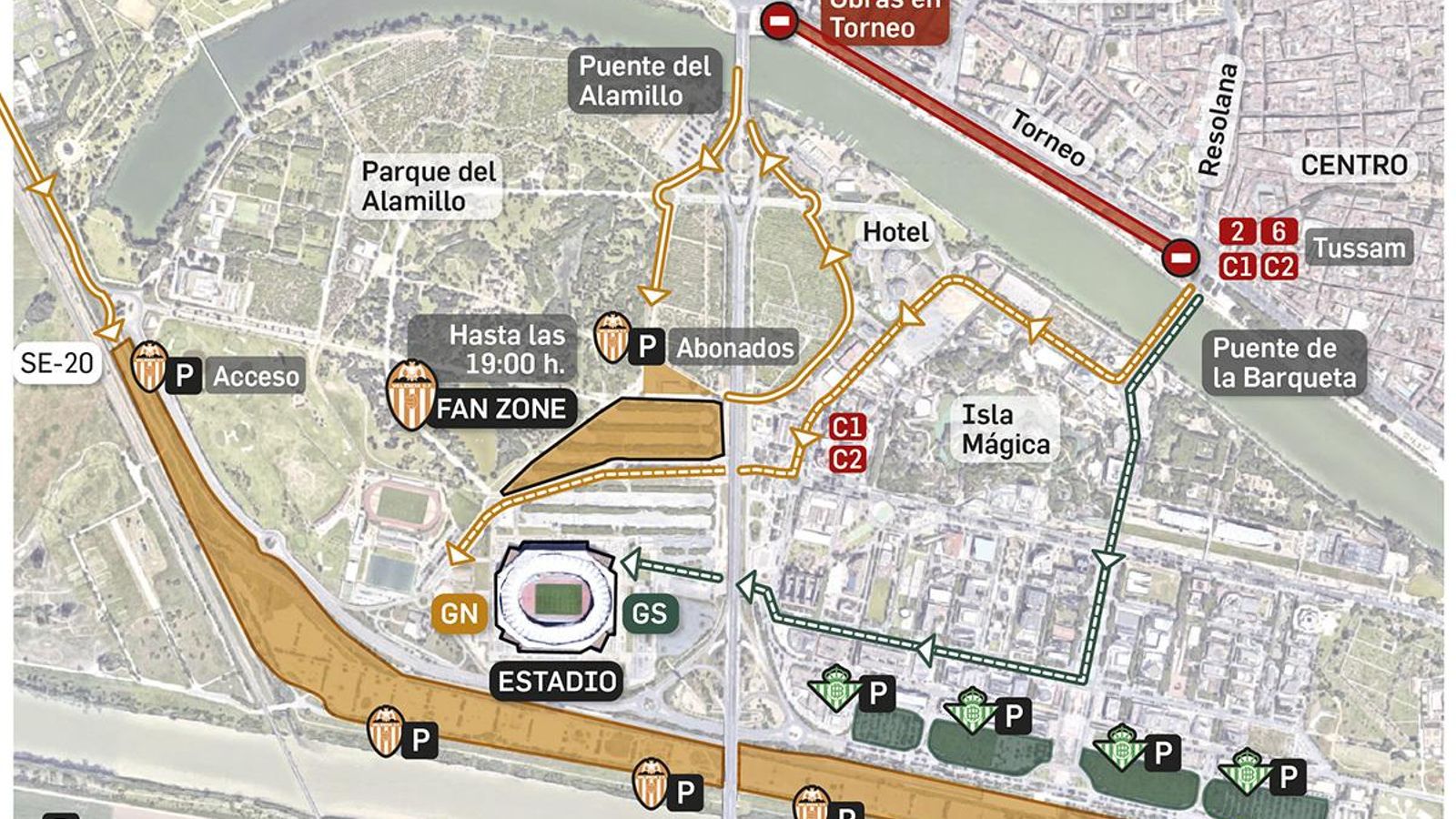 Itinerarios recomendados para llegar al estadio.