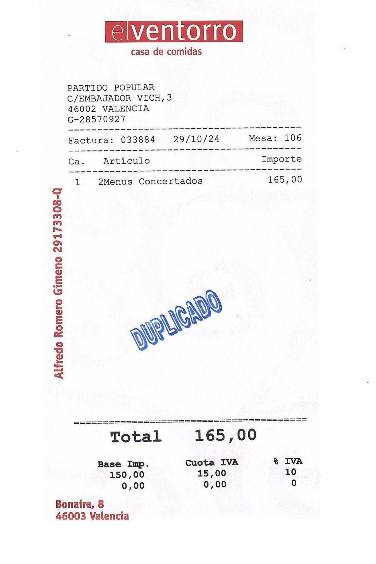 La factura de la comida de Carlos Mazón en El Ventorro.