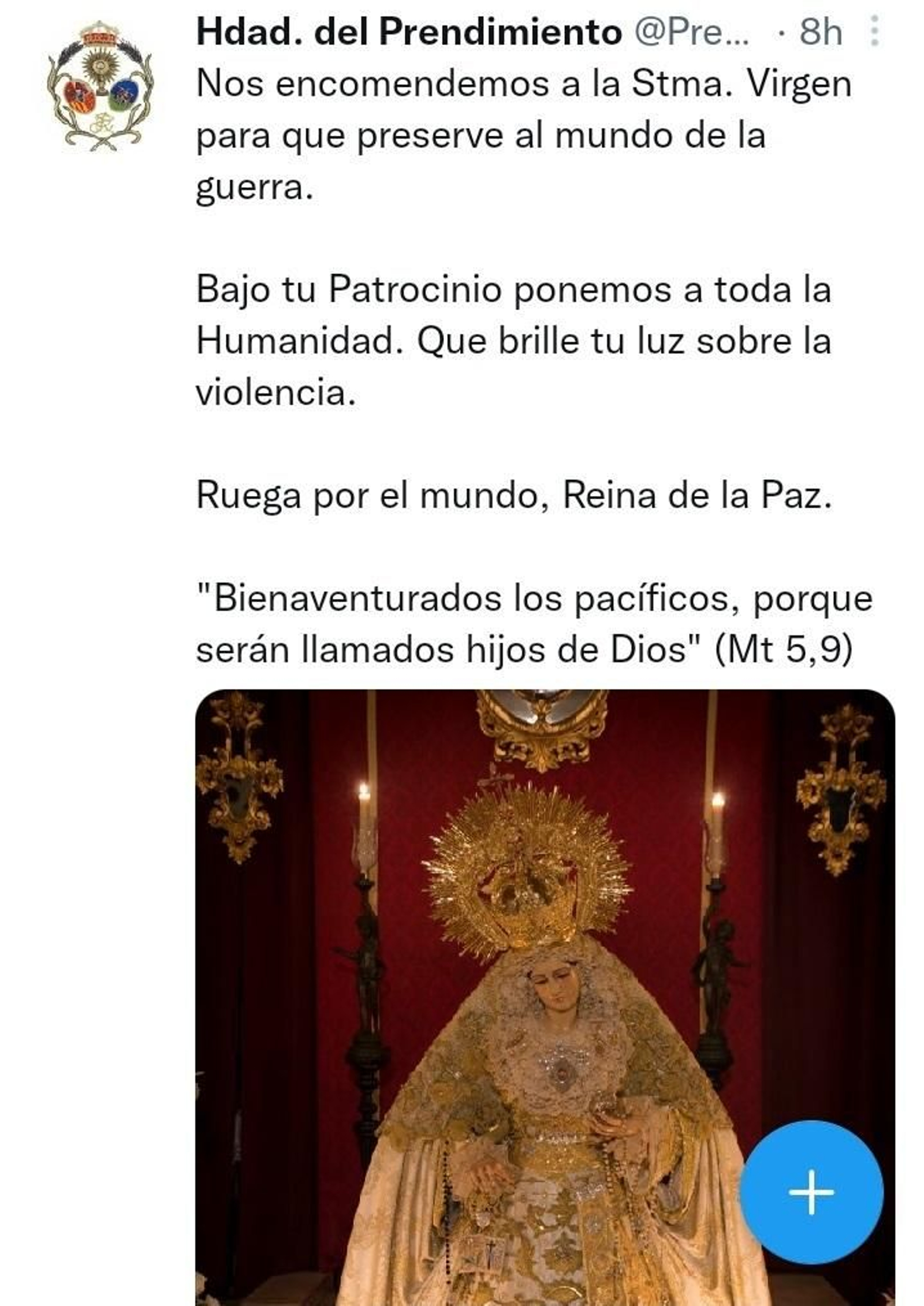 Mensaje de la cofradía del Prendimiento en sus redes sociales sobre Ucrania.