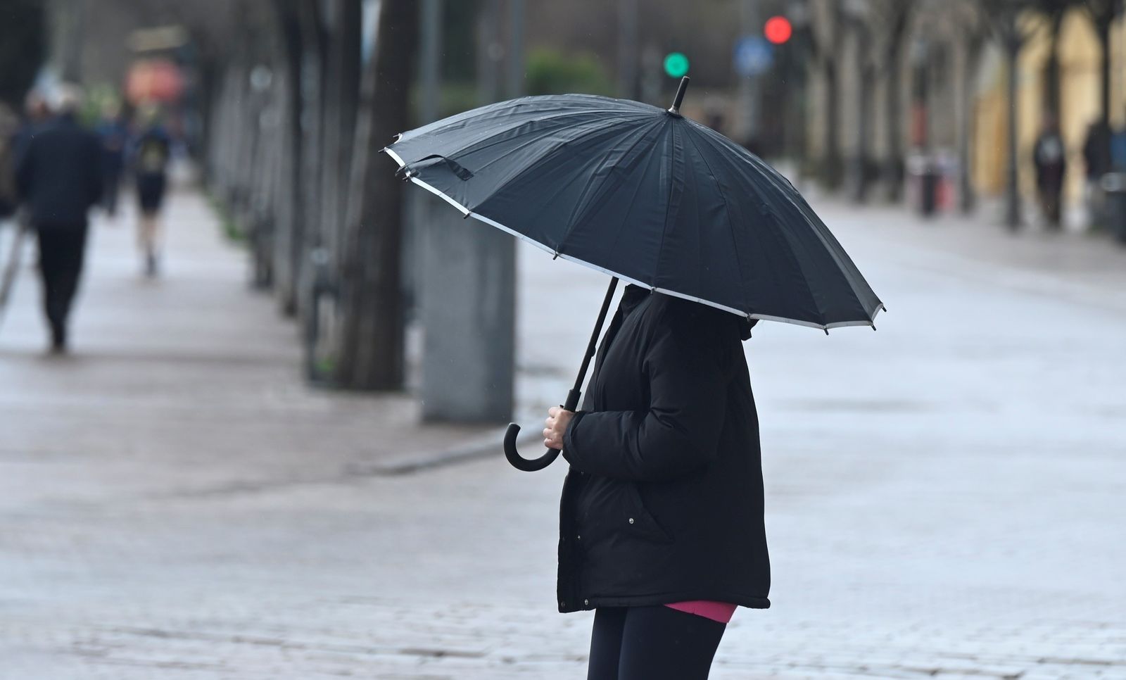 Una mujer se resguarda de la lluvia con un paraguas.