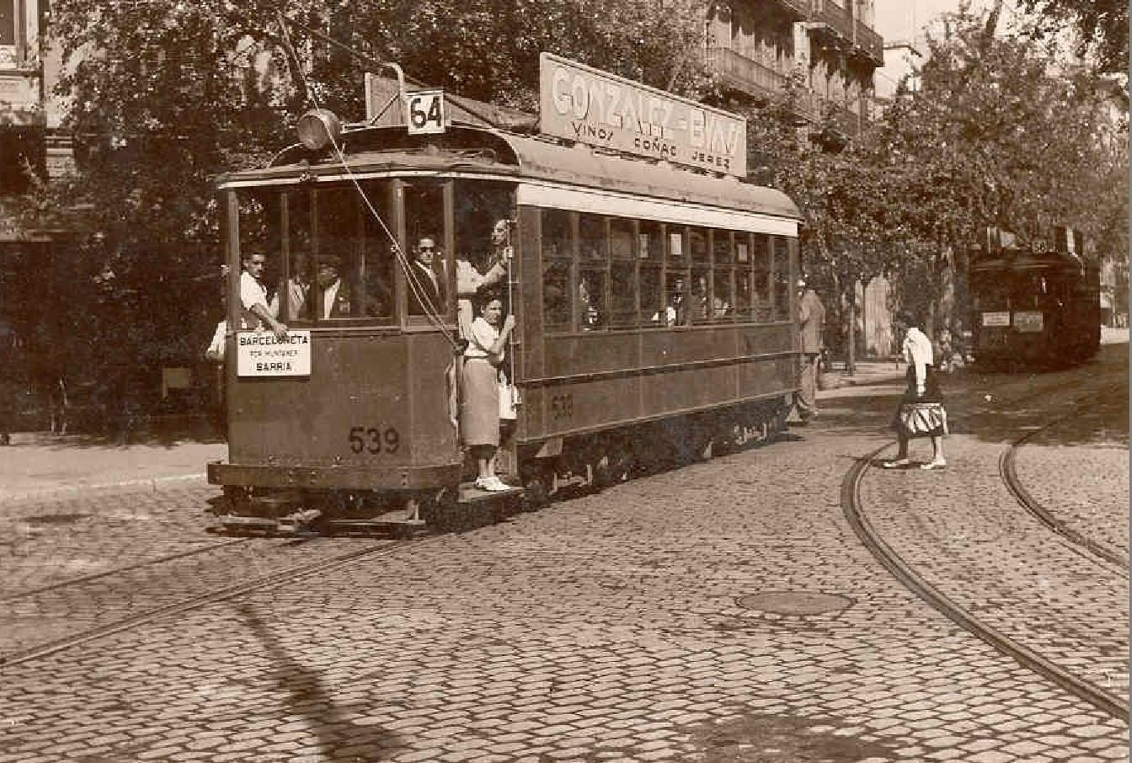 Tranvía eléctrico de la Barceloneta a Sarria con González Byass, años `40.