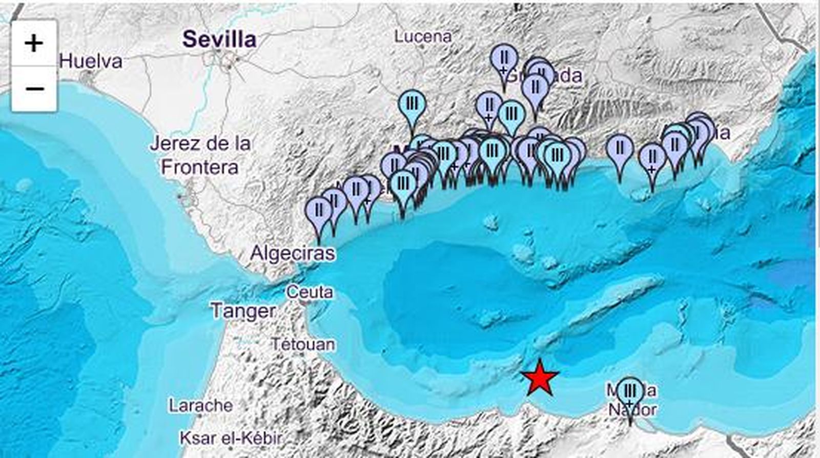 Mapa de intensidades del seísmo.