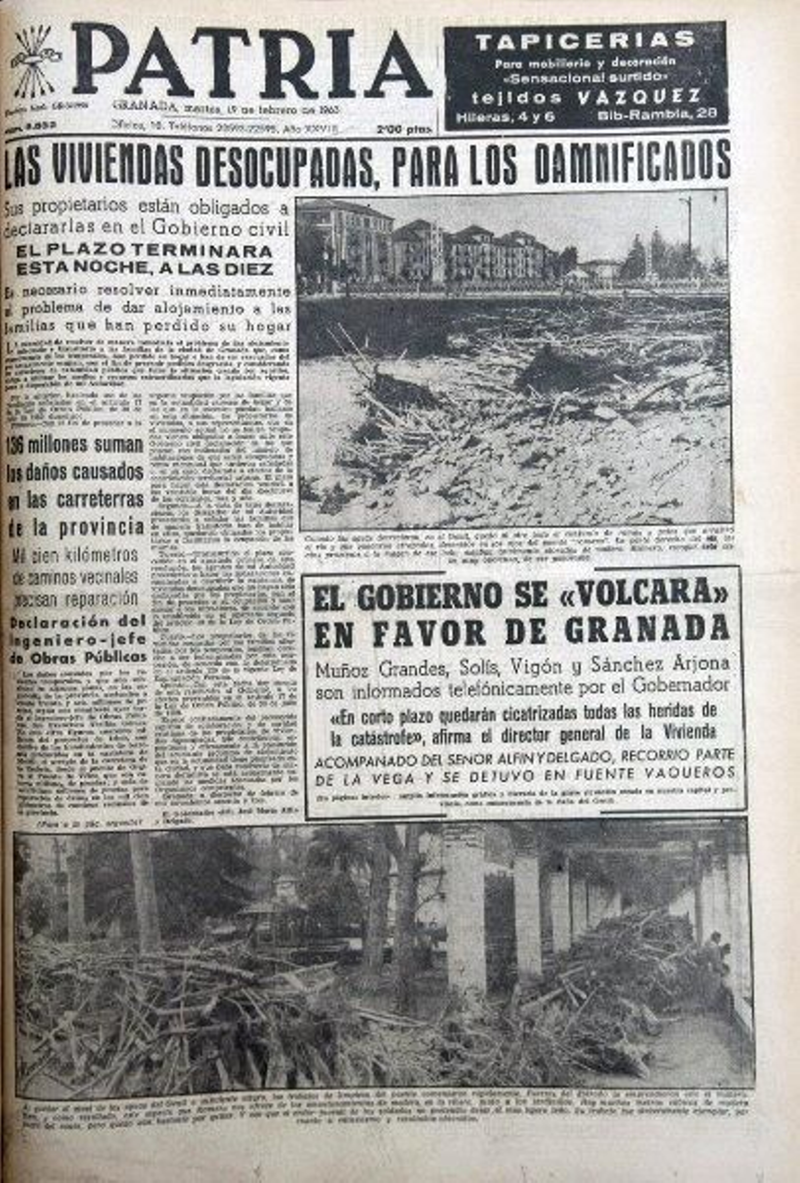 Portada del diario Patria con noticias sobre las inundaciones