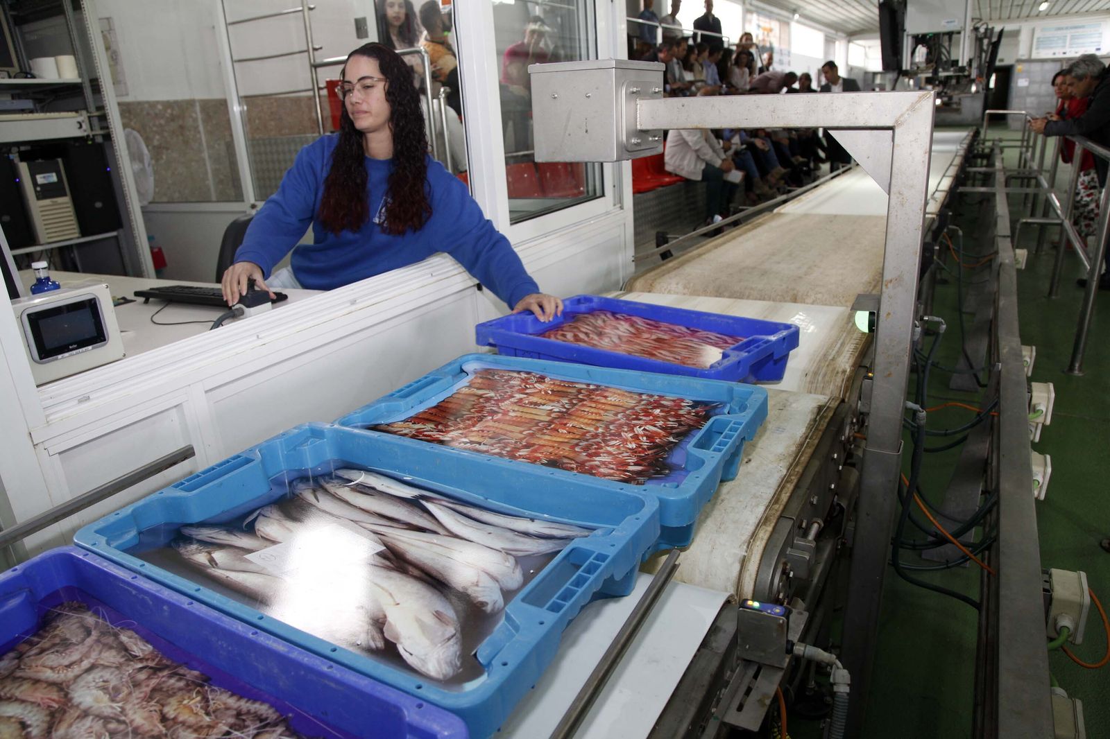 Una subasta de pescado y marisco en la lonja de Ayamonte de Punta del Moral.