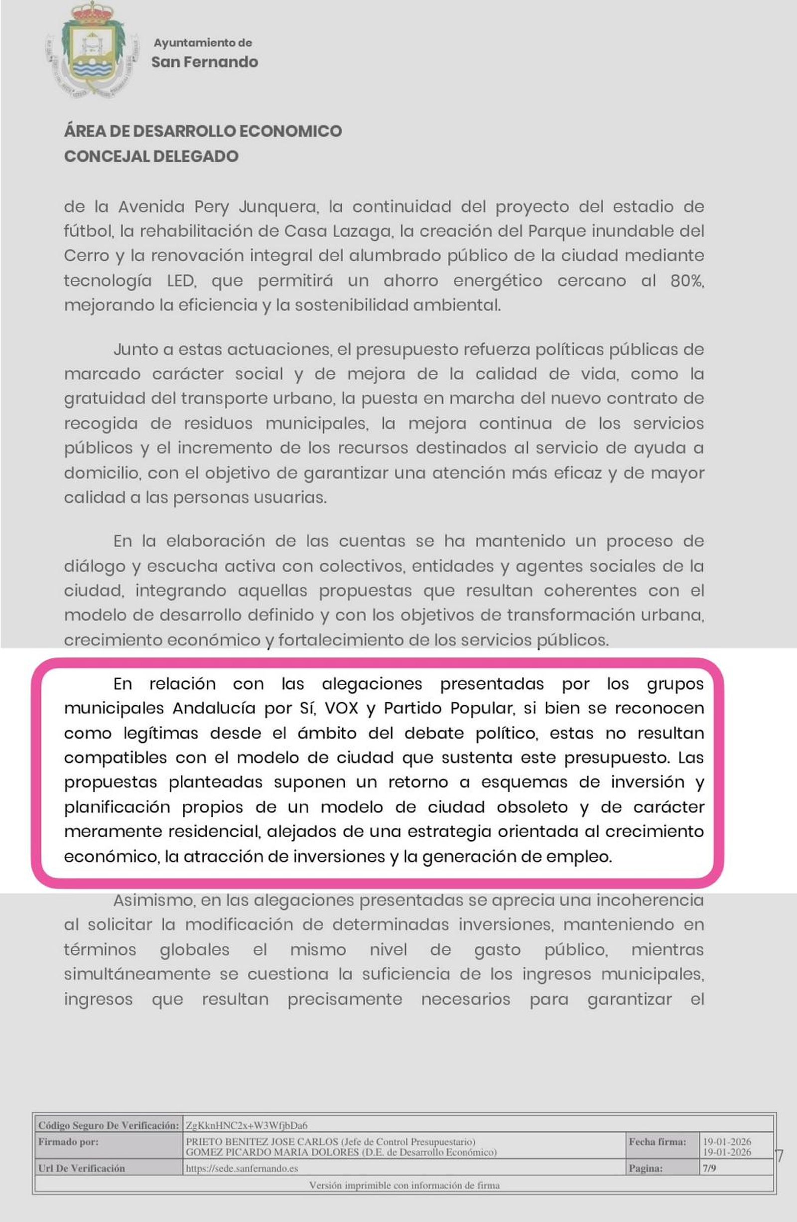 Escrito de desestimación de las alegaciones del PP de San Fernando