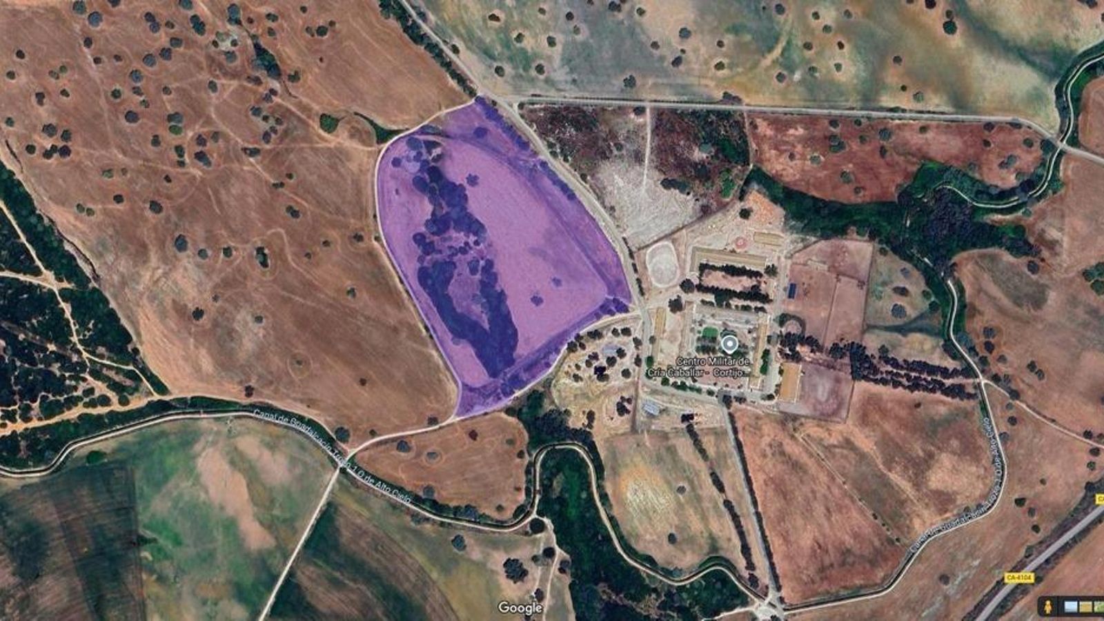 Plano del Cortijo Garrapilos, y en morado “El galopadero”