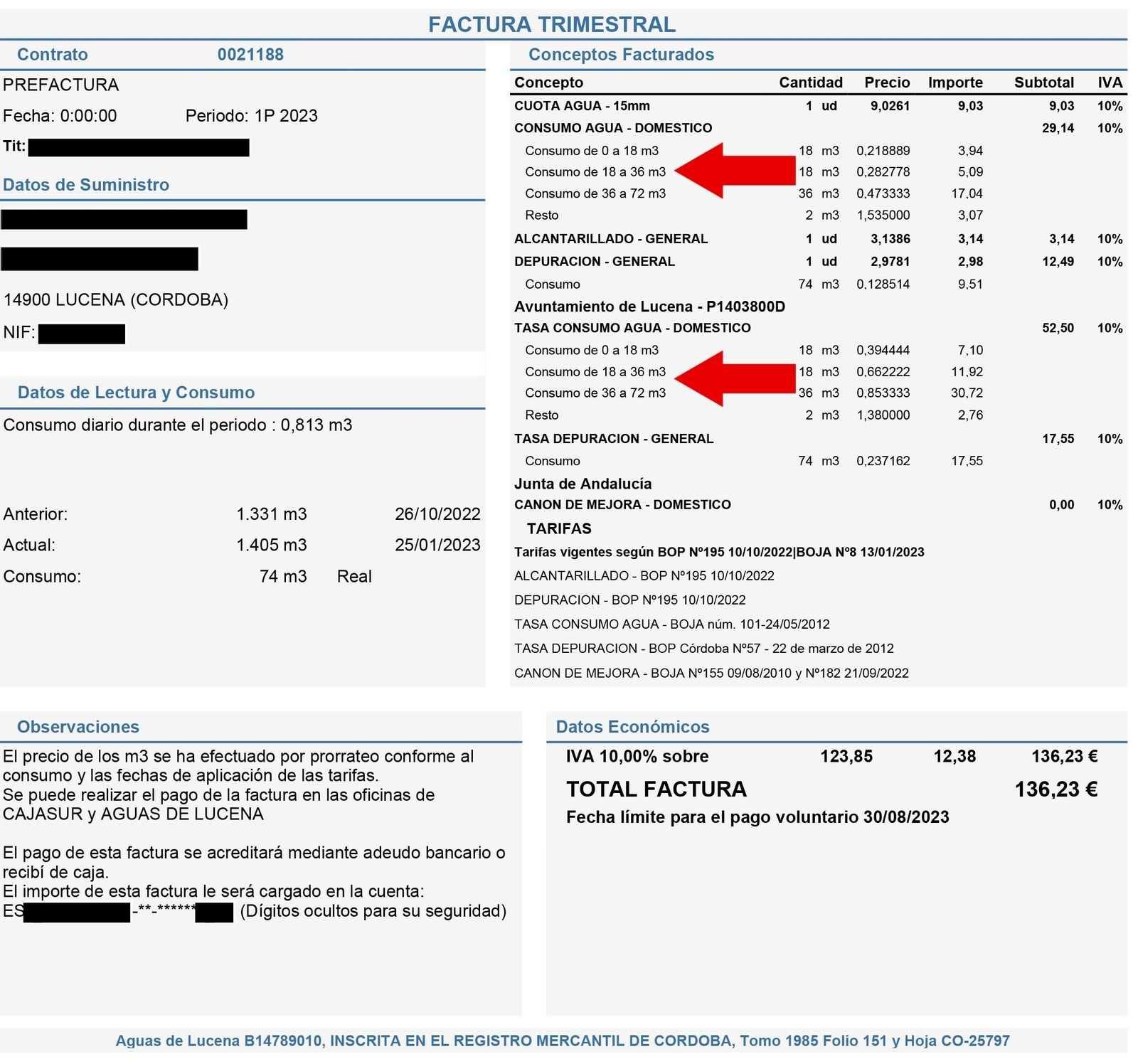 Ejemplo de una factura emitida por Aguas de Lucena.