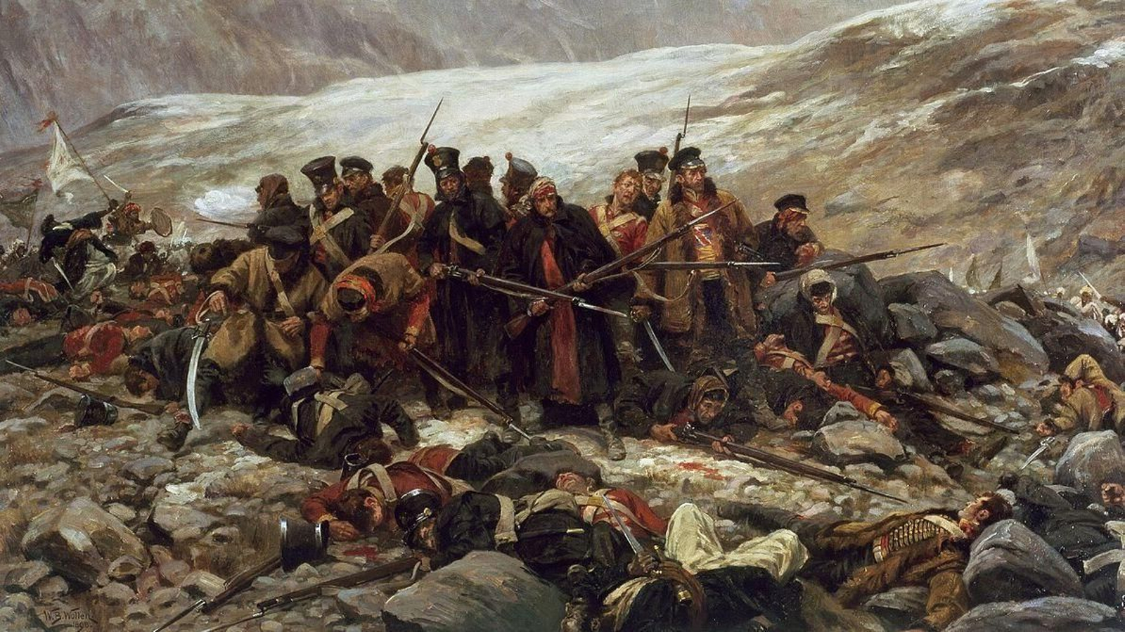 La defensa de los supervivientes del 44 de Infantería en Gandamak, pintura de William Barnes Wollen.