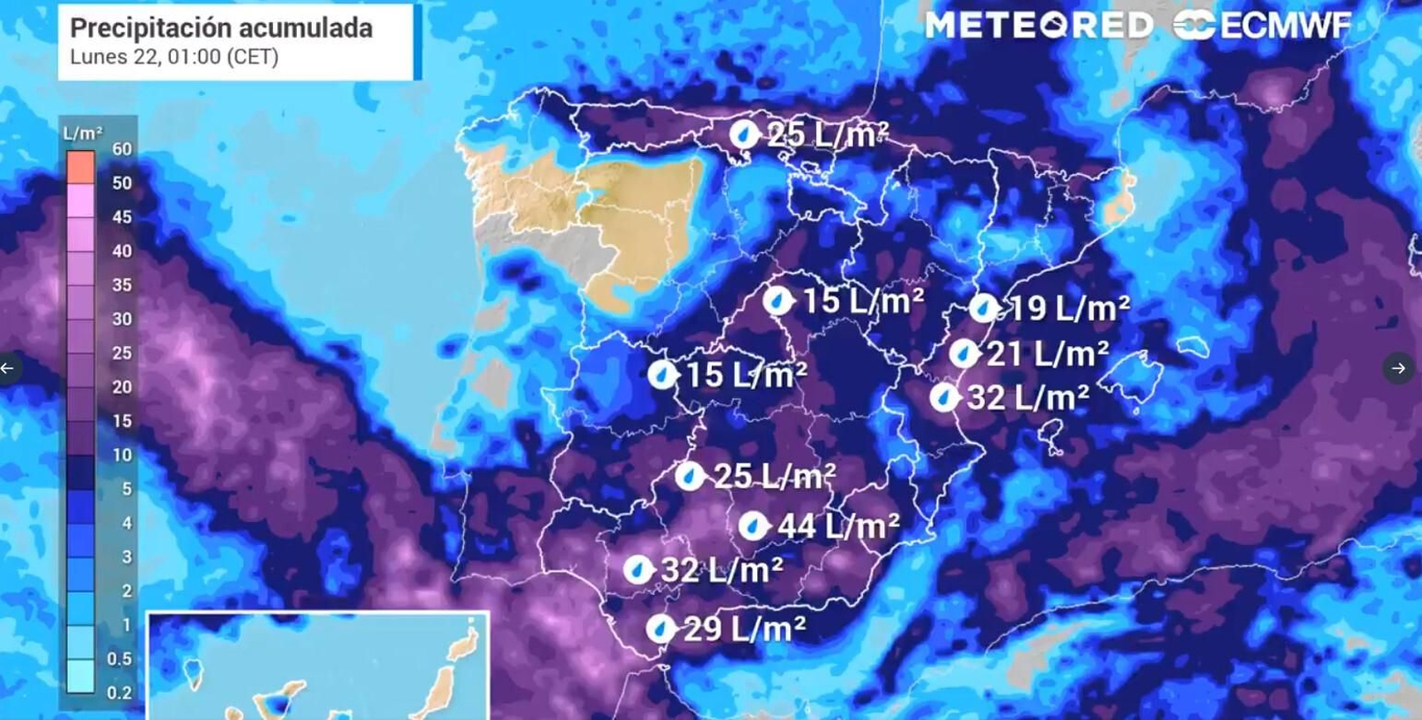 Previsión de tiempo.com de precipitaciones acumuladas el lunes.