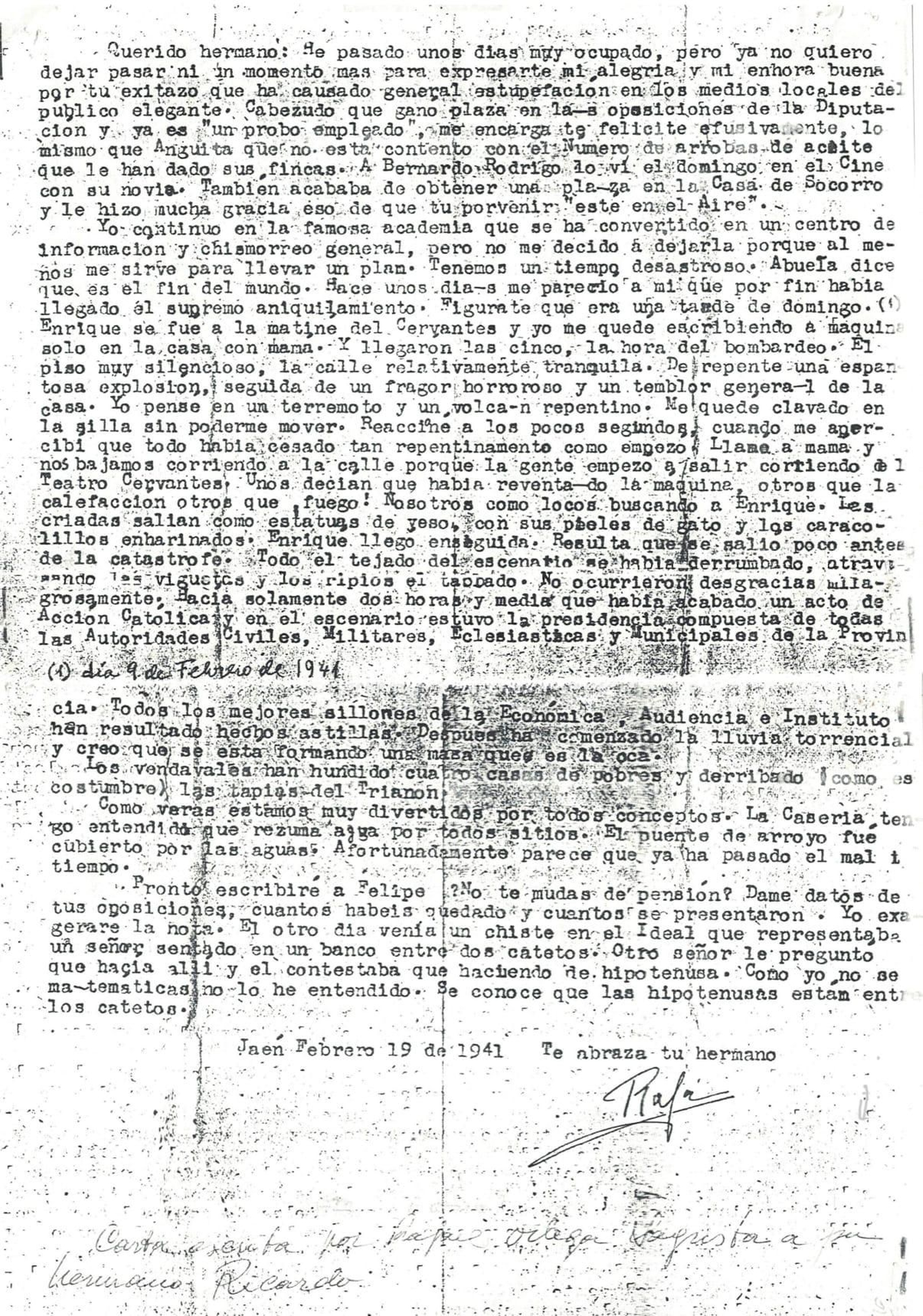 Copia de la carta original mecanografiada en la que Rafael Ortega Sagrista relata los hechos.